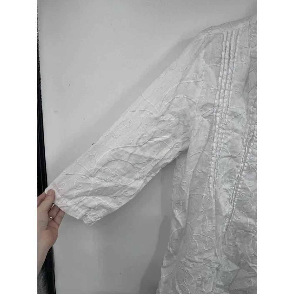 Kenar 100% Linen Shirt Women XL White Embroidered Roll Tab Sleeve Coastal Beach - Picture 6 of 8